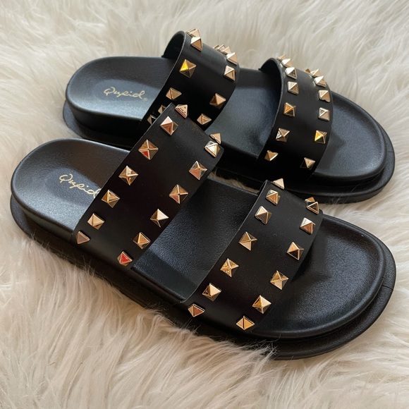 Black Double Strap Spiked Footbed Sandals - Picture 2 of 10
